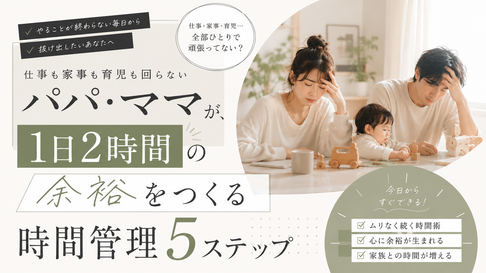 【完全攻略】仕事も家事も育児も回らないパパ・ママが、1日2時間の余裕をつくる時間管理5ステップ