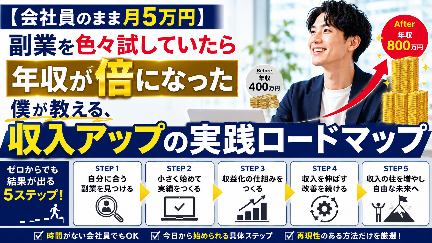 【会社員のまま月5万円】副業を色々試していたら年収が倍になった僕が教える、収入アップの実践ロードマップ